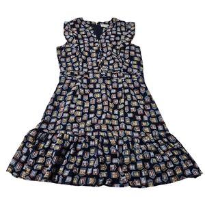 Maison Jules Ruffle Dress Semi Sheer Novelty House Print Navy Blue Womens Size 8